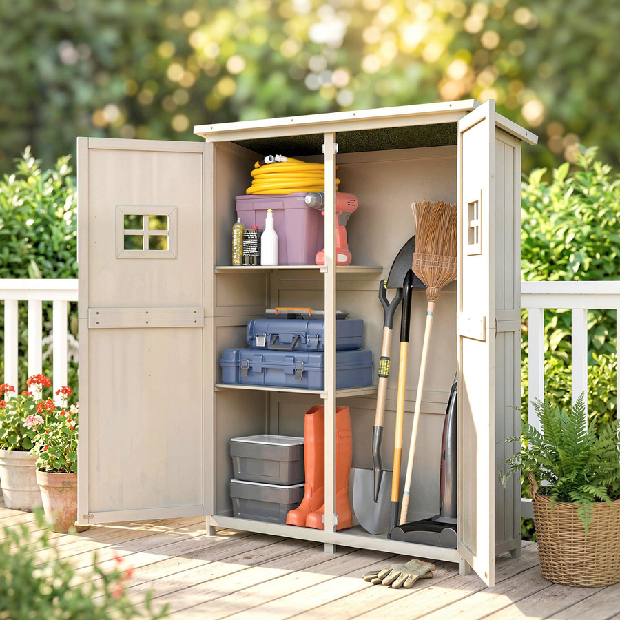 Outsunny Gartenschrank aus Kiefernholz in Grau mit Pultdach und Doppeltür für Gartenwerkzeug B/T/H: 127,5 x 50,0 x 164,0 cm - Bild 2