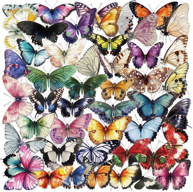 50 Stück transparente Schmetterlings-Aufkleber von AnimeWorlds Store, wasserfeste PET-Dekoraufkleber in Multicolour für Scrapbook, Gitarre und Notebook - Bild 1