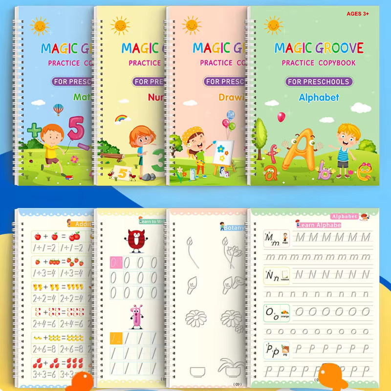 4-teiliges Magic Groove Übungsheft für Kinder, wiederverwendbares Schreibbuch zum Lernen von englischer Kalligraphie, Mehrfarbig - Bild 1