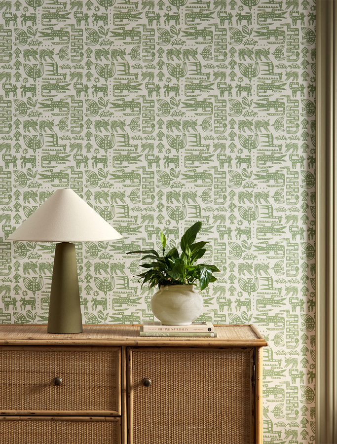 Scion Tapete Twycross in Pine Green mit Tier-Motiven im Mid-Century Design - Bild 1
