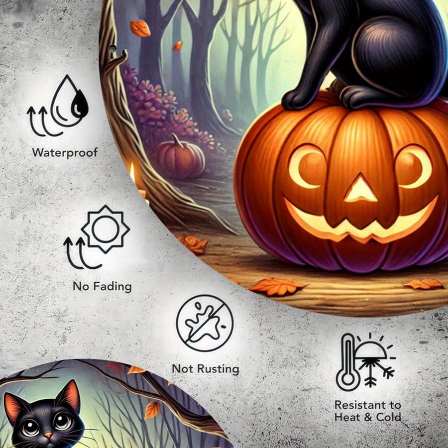 Potdemiel Halloween Metallschild mit Kürbis- und Katzen-Design, runde Blechwanddekoration, Durchmesser: 20,3 cm - Bild 4