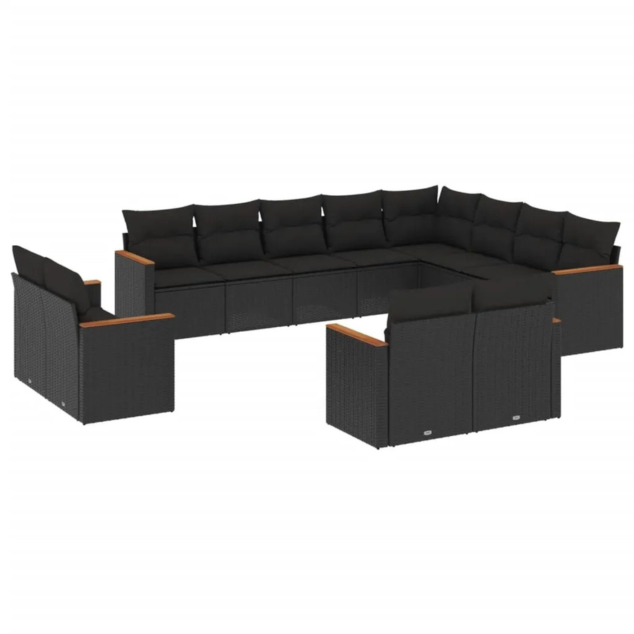 vidaXL 12-tlg. Garten-Sofagarnitur in L-Form aus Polyrattan und Akazienholz mit Kissen, Schwarz - Bild 2