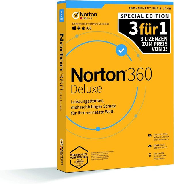 Norton LifeLock 360 Deluxe Internet Security für 3 Geräte, 1 Jahr Laufzeit, inklusive 25 GB Cloud-Backup für Windows - Bild 1