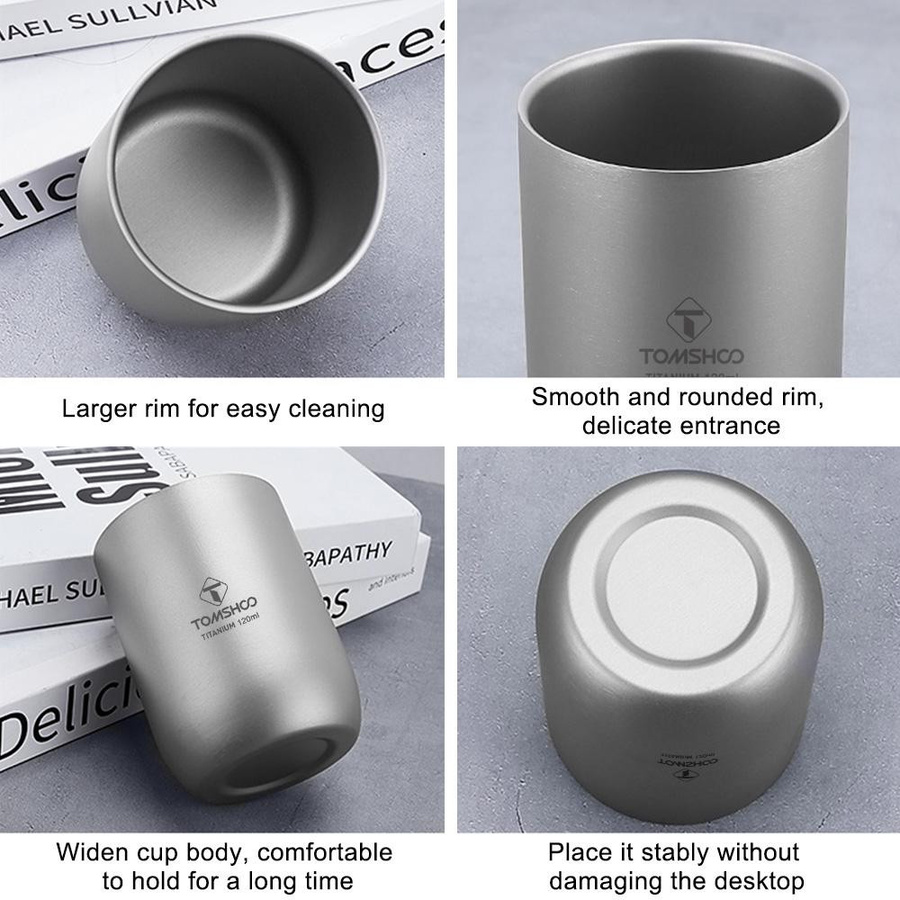 TOMSHOO Multifunktionaler Campingbecher aus Titan, doppelwandig, hitzebeständig, Farbe: Silber, 120 ml - Bild 2