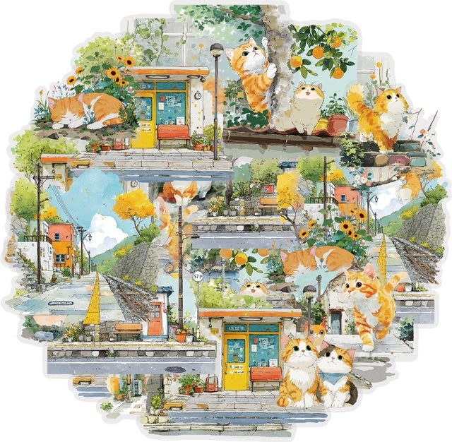 Etori Life Small Town Life Orange Cat Ländliche Landschaftsaufkleber, 15-teiliges Set - Bild 1