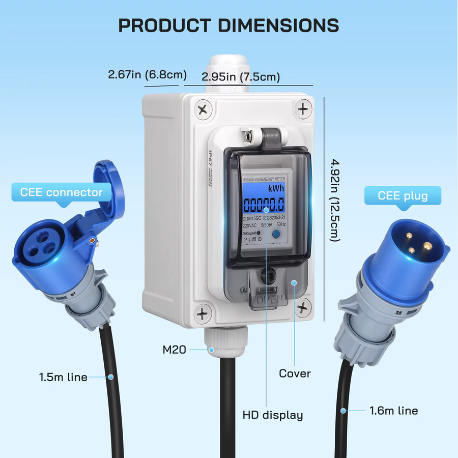 Jugacool Mobiler Digitaler Wattstundenzähler 230V 16A mit CEE-Stecker und IP67 Wasserdichter Steckdose in Blau/Weiß für Elektrofahrzeuge - Bild 2