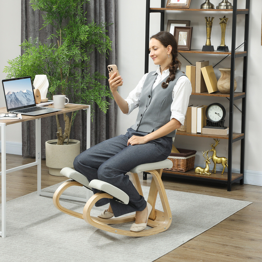 HOMCOM Ergonomischer Kniestuhl mit Rückenlehne aus Holz und Stoff in Cremeweiß - Bild 2