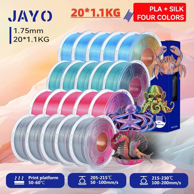 JAYO 20 Rollen 3D Seiden-PLA-Filament 4-in-1 Multicolor, 1,75 mm, glänzende Seidenstruktur für FDM-Drucker - Bild 1