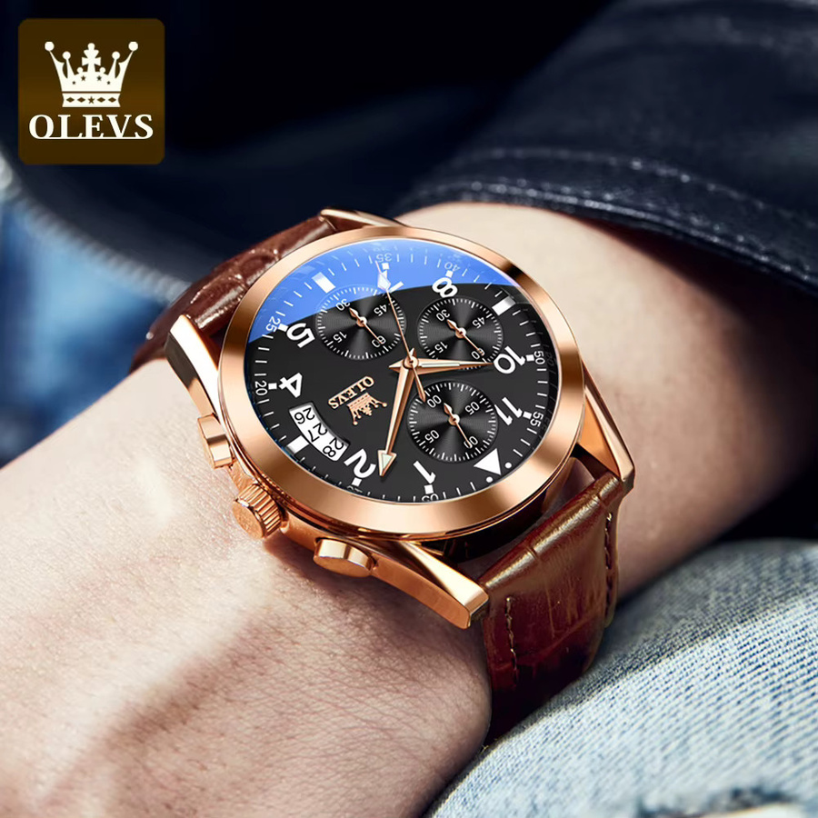OLEVS Chronograph, Quarzuhr, Lederarmband, Schwarz, Braun, Herren - Bild 3