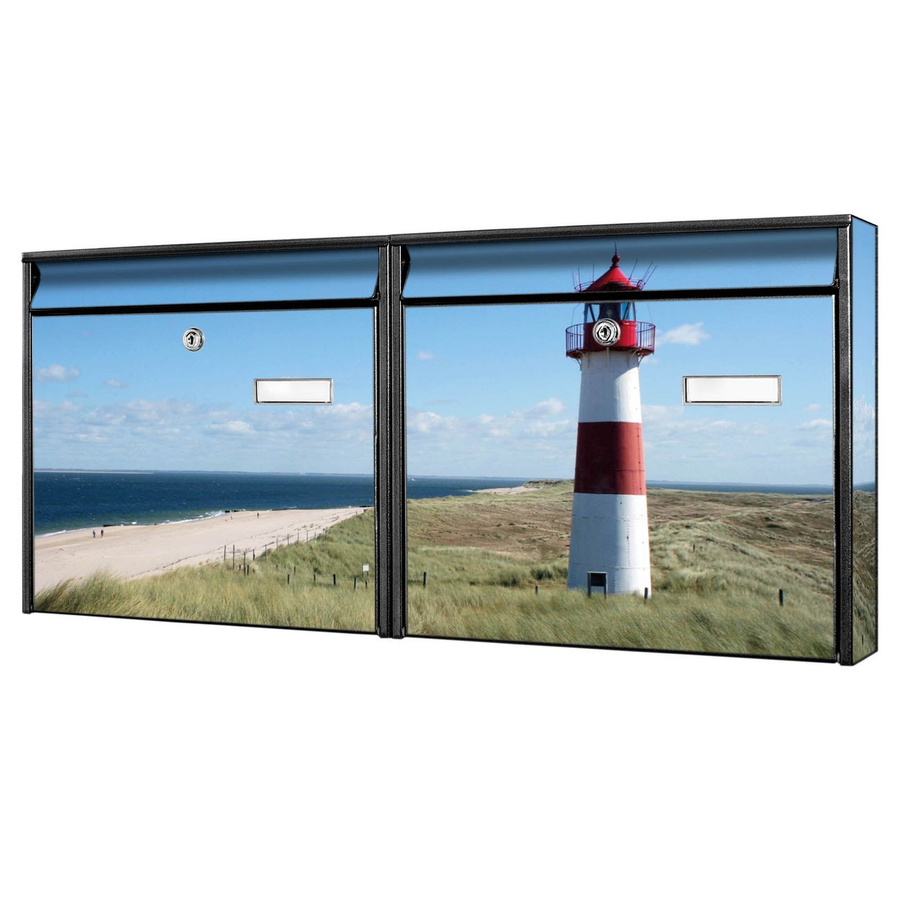 banjado Doppelbriefkastenanlage Burg Wächter mit Leuchtturm-Motiv in Schwarz, flexibel erweiterbar, B/H/T: 32,2 x 72,5 x 10,0 cm - Bild 1