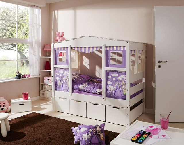 TICAA Hausbett MINI Prinzessin aus Kiefernholz in Lila mit Zusatzbett und 2 Matratzen - Bild 1
