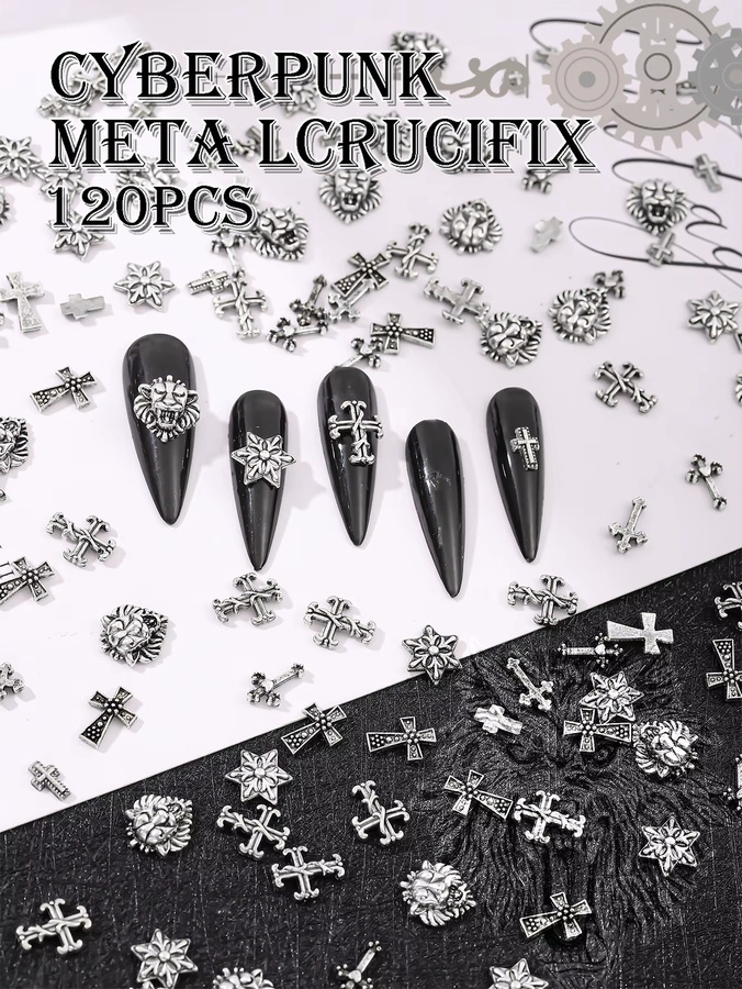 Nagelkunst-Kreuz-Aufkleber, 120 Stück, Hellgrau, Metallic, Y2K-Stil - Bild 3