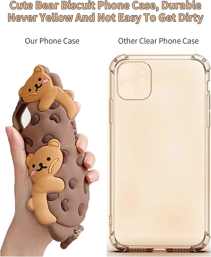 NMEGOU Silikonhülle im Kawaii Cookie Bär Design für iPhone 14 13 12 11 15 Pro Max Plus XS XR X mit Lanyard und Schlüsselanhänger in Braun - Bild 4
