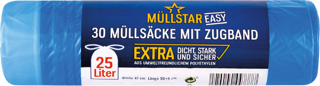 Müllstar Easy Müllsäcke 25 Liter mit Zugband, extra dicht und sicher, blau/transparent, B: 47 cm, H: 50+5 cm, 30 Stück - Bild 1