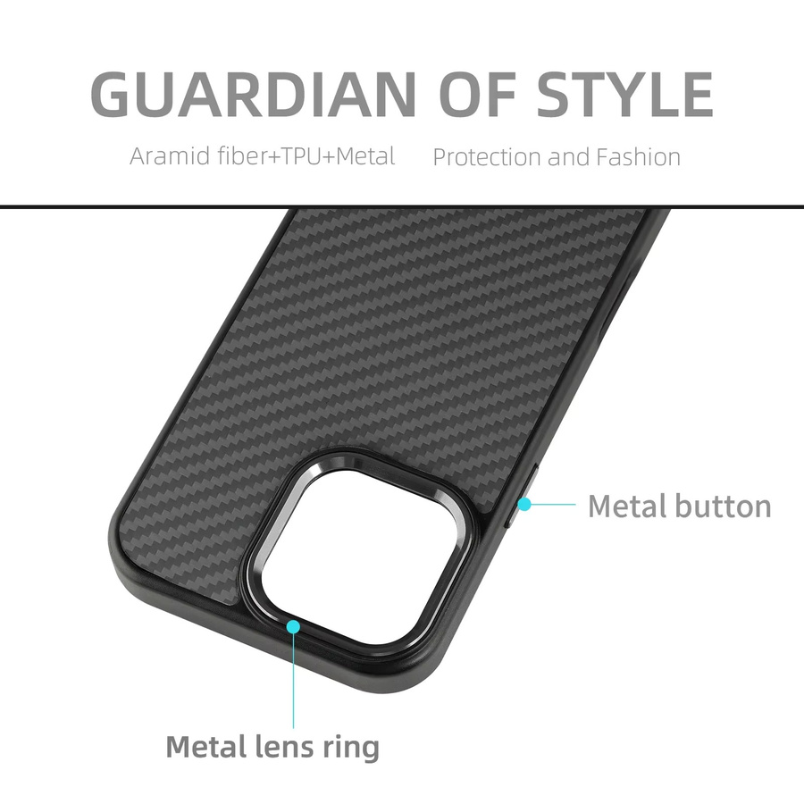 Stoßfeste iPhone Hülle mit Metallrahmen und 100 % Kohlefaser-Rüstung aus Aramidfaser für iPhone 16 Pro Max 15 14 13 12 11, kabelloses Laden, Schwarz/Silber - Bild 4