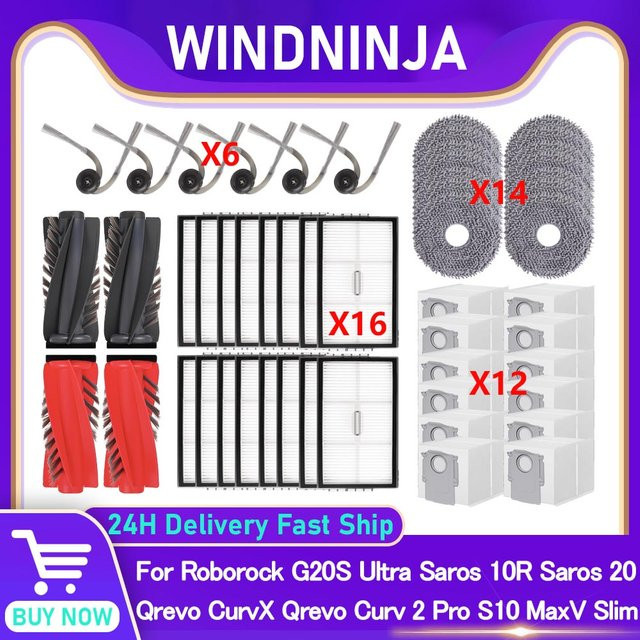 WINDNINJA Ersatzteil-Set für Roborock G20S Ultra, S9 MaxV Slim, S10 MaxV Slim, Saros 10R, Qrevo CurvX, Qrevo EdgeT und Saros 20 mit Staubsaugerbeuteln, Hauptbürste, Seitenbürsten und Filtern - Bild 1