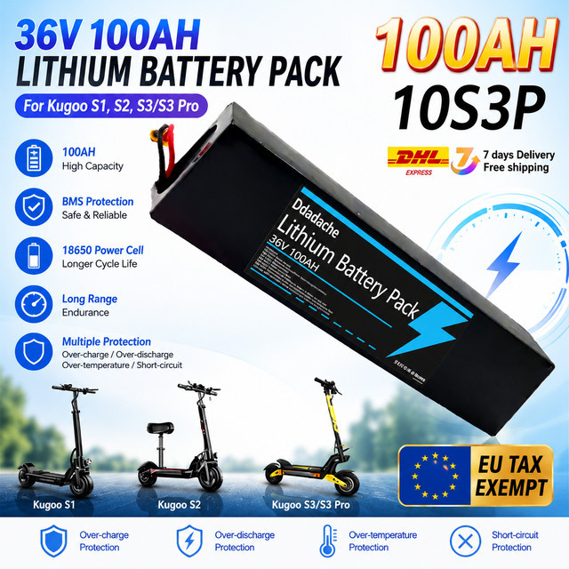 KUGOO Ersatz-Elektroroller-Akku 10S3P 36V 100000mAh mit 18650 Li-Ionen-Zellen und eingebautem BMS für 500W, Schwarz, kompatibel mit KUGOO S1 S2 S3 Rollern - Bild 1