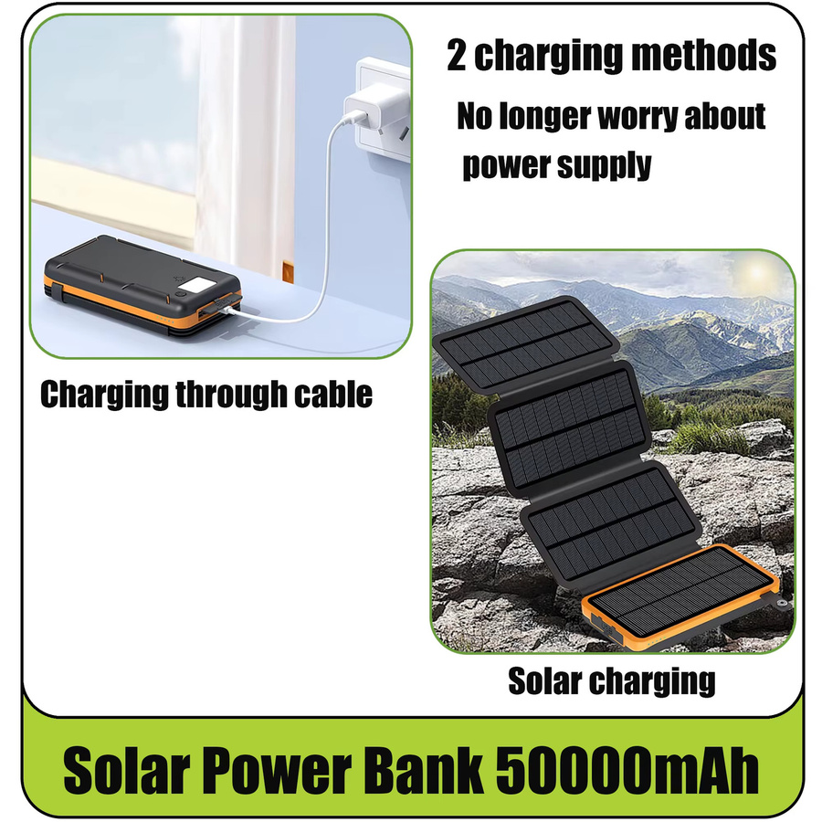 Rscrola Solar-Powerbank 50000mAh mit 4 Solarpanelen, kabelloses Ladegerät in Schwarz, kompatibel mit iPhone, Huawei, Xiaomi und Samsung - Bild 4