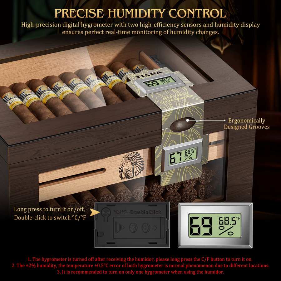XIFEI Zigarren-Humidor aus Zedernholz in Braun mit 2 digitalen Hygrometern, 2 Befeuchtern, Zedernholztablett, Trennwand, Zubehörschublade und Zigarrenröhren-Set - Bild 3