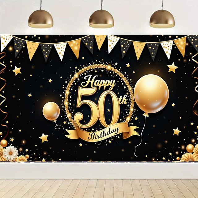 Goldenes Geburtstag Banner mit Sternen und Wimpel-Design für die Feier zum 50. Geburtstag - Bild 1