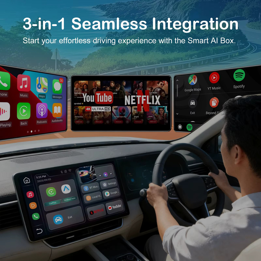 OneCarStereo 3-in-1 Smart AI Box 2.0 Kabelloser Android Auto Adapter mit YouTube und Netflix in Schwarz, erweiterbar auf 256GB - Bild 2