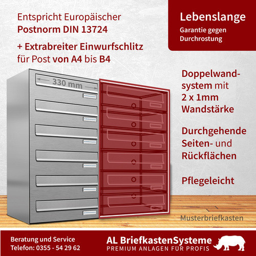 AL Briefkasten für 4 Parteien, silberfarben, B/H/T: 76,8 x 23 x 27,5 cm - Bild 2