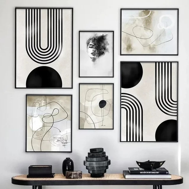 Potdemiel Wandkunstdruck Leinwand mit abstrakten geometrischen Linien und Bogen im Mid-Century Stil - Bild 1