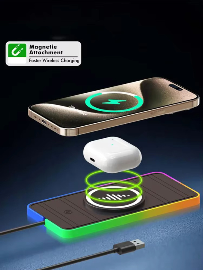XIKCU Magnetisches kabelloses Auto-Ladegerät mit RGB-Licht und rutschfester Ladestation in Schwarz Multicolour für iPhone 17 16 Samsung Xiaomi und AirPods mit Schnellladefunktion - Bild 6