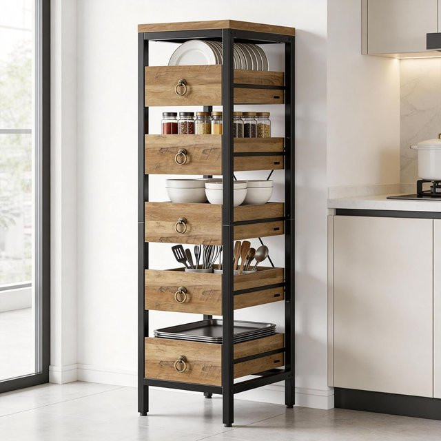 Garvee Schmales 5-stöckiges Küchenregal aus Metall mit Ausziehschubladen, Multifunktionaler Organizer für Küche, Wohnzimmer und Badezimmer, Farbe: Braun oder Rot, Matt - Bild 1