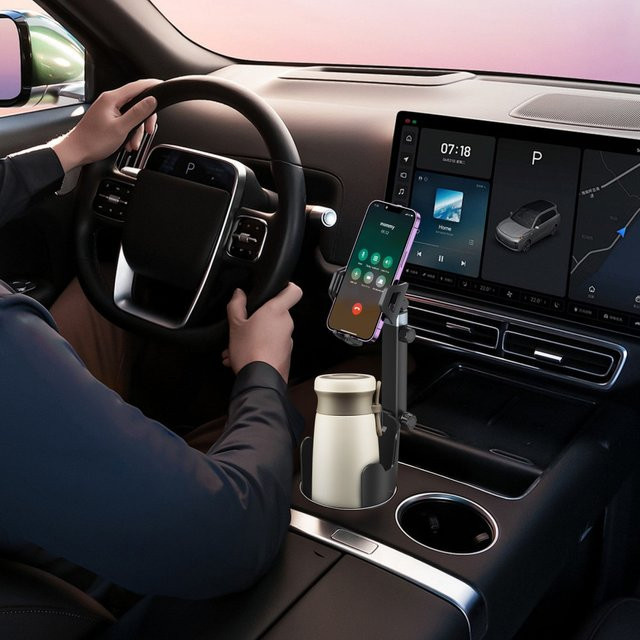 Auto Becherhalter mit Tablet- und Handyhalterung, 360 Grad drehbar, Schwarz - Bild 1