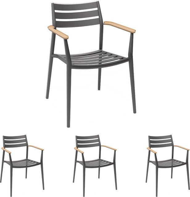 4er Set Solpuri PIA Stapelsessel mit Teak Armlehnen und Aluminiumgestell in Anthrazit und Braun - Bild 1