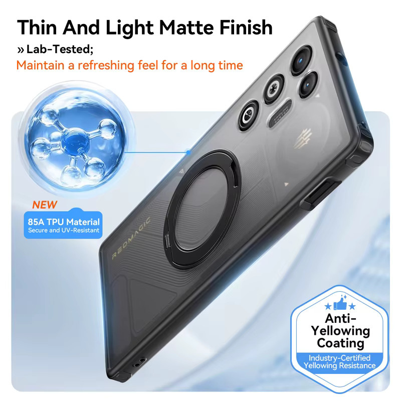 Stoßfeste magnetische Schutzhülle für ZTE Nubia Red Magic 11 Air, 11 Pro und 11 Plus in Transparent oder Beige mit drehbarem Metallring-Halter - Bild 5