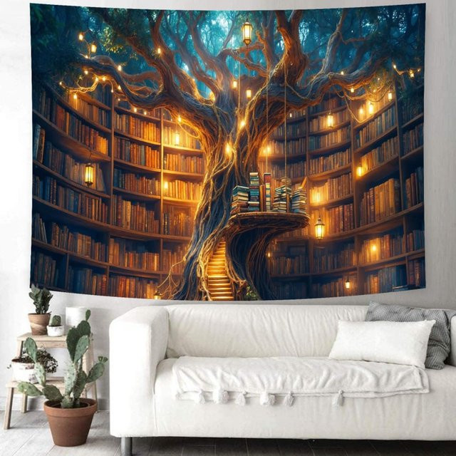 VIKAMA Fantasy Library Wandteppich mit magischem Bücherregal in Multicolour, Vintage Wanddekoration im abstrakten Stil, Breite: 90 cm, Höhe: 60 cm - Bild 1