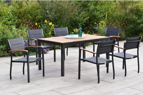 Merxx Gartenmöbel-Diningset Paxos, 7-tlg. Set mit 6 Sitzplätzen aus Aluminium und Akazienholz in Grau - Bild 1
