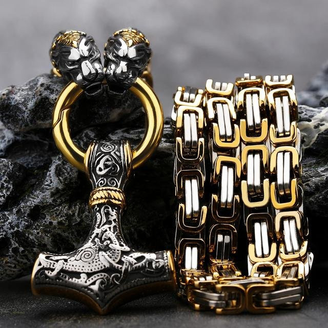 Wucifang Jewelry Halskette, Thors Hammer Anhänger, Edelstahl, Weiß, Herren, 70cm - Bild 1