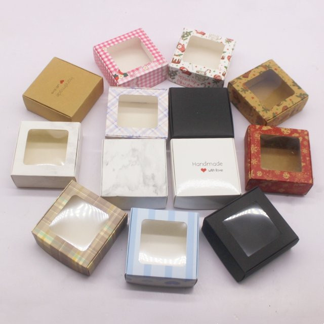 10 Stück DIY Geschenkboxen aus Kraftpapier für Süßigkeiten und Kuchen, B/T/H: 7,5 x 7,5 x 3 cm, Braun/Mehrfarbig - Bild 1