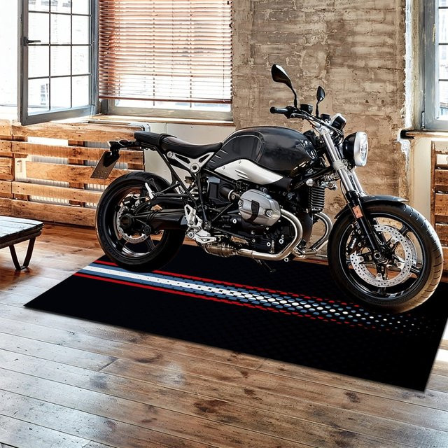 VIKAMA Motorradmatte mit dreifarbigen Streifen im Retro-Rennstil, rutschfeste und saugfähige Garagenbodenmatte in Multicolour - Bild 1