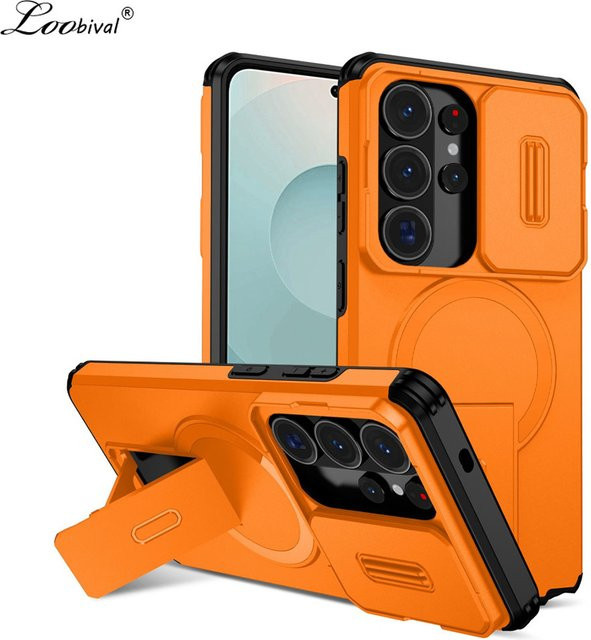 Luxuriöse Schutzhülle für Samsung Galaxy S26 Ultra S25 S24 FE S23 Plus A55 A56 mit Magnetständer und Kameraschutz in Orange - Bild 1