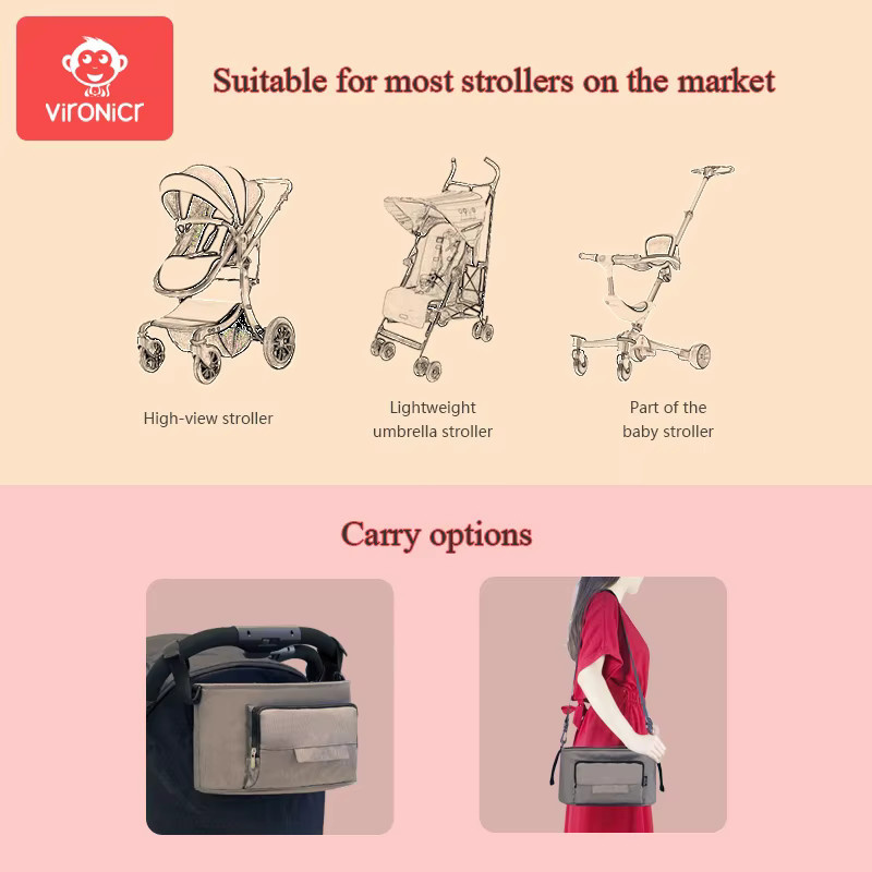 VIRONICR Universal Buggy Organizer für Kinderwagen mit Flaschenhalter und Windeltasche in Schwarz und Grau - Bild 5