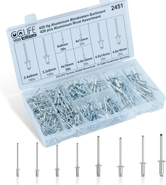 CCLIFE Alu Blindnieten Sortiment 420-teiliges Popnieten Set in Silber, verzinkt - Bild 1