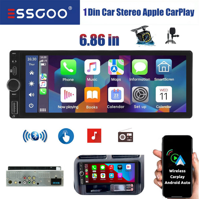 ESSGOO 1 DIN Autoradio mit 6,86 Zoll Touchscreen, Wireless CarPlay, Android, Bluetooth, GPS und USB Typ C in Schwarz - Bild 1