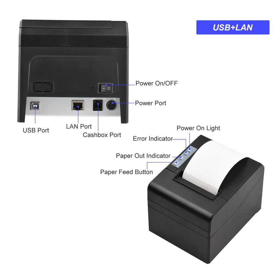 Aimo Thermo-Belegdrucker US-1 in Schwarz mit USB- und LAN-Anschluss, 80 mm Thermodirektdruck mit 300 mm/s Druckgeschwindigkeit - Bild 8