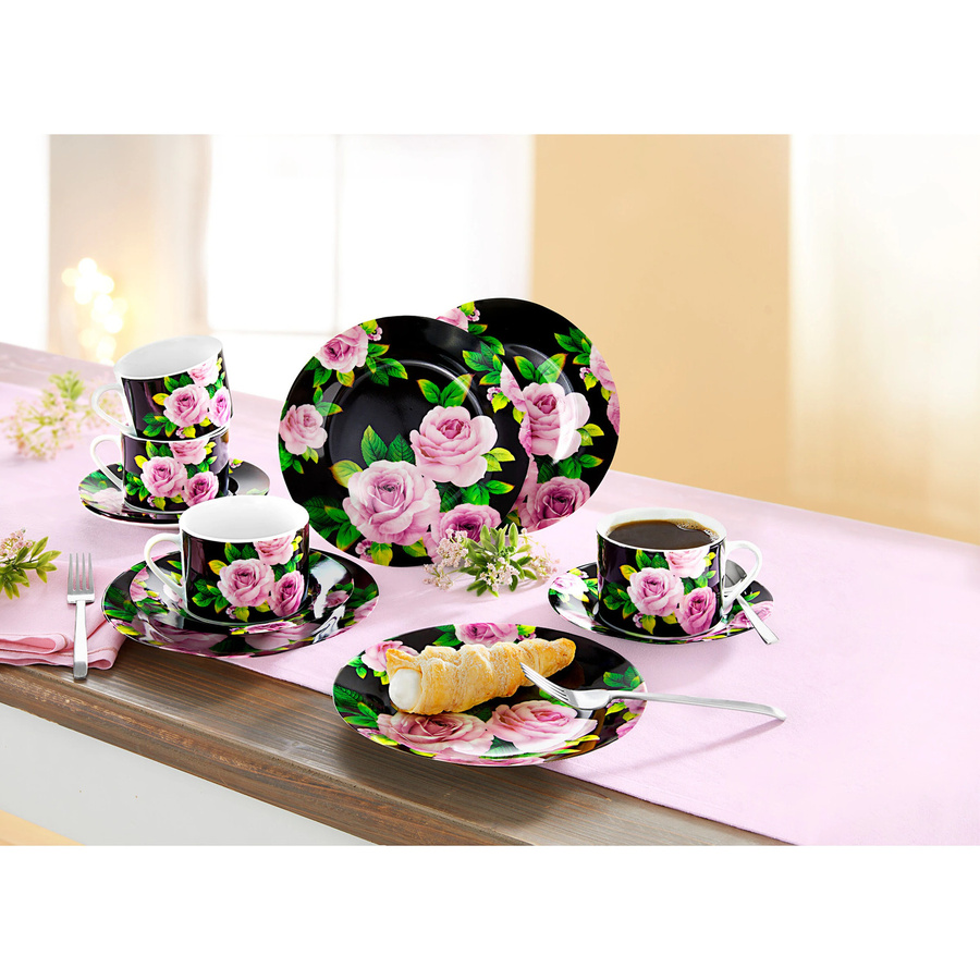 Genialo Kaffee-Service Black-Rose aus Porzellan, 12-teilig, floral in Schwarz, Pink und Grün - Bild 2