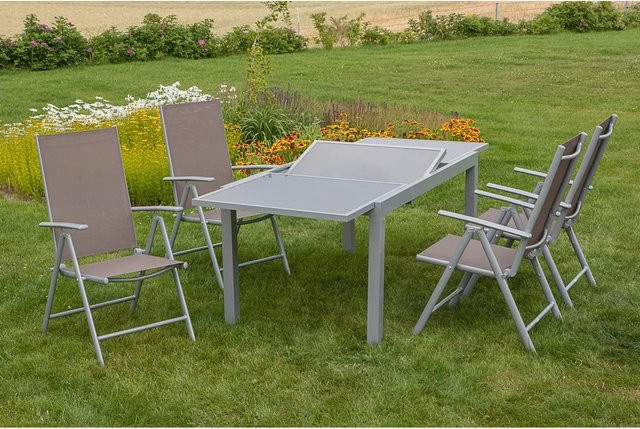 Merxx Gartenmöbel-Set Amalfi 5-tlg. aus Aluminium und Glas in Beige und Silber mit Ausziehtisch B: 120 cm bis 180 cm, T: 90 cm, H: 75 cm - Bild 1