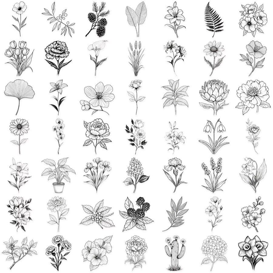 50 Stück GOGOTU Botanische Blumen Aufkleber in Schwarz und Weiß, transparente und wasserfeste PVC Sticker für DIY Dekoration, Notebook und Skateboard - Bild 2