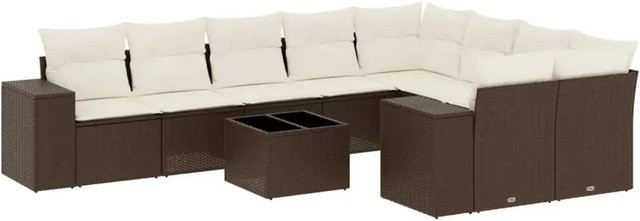 vidaXL 10-teilige Garten-Sofagarnitur in L-Form aus braunem Poly-Rattan mit cremeweißen Kissen und Metallrahmen - Bild 1
