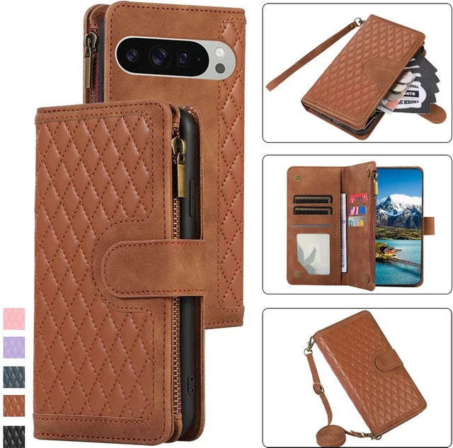 Luxus Leder-Geldbörse mit Reißverschluss und Lanyard als Handyhülle für Google Pixel 10 Pro XL 9 8 7 6 in Schwarz oder Braun - Bild 1