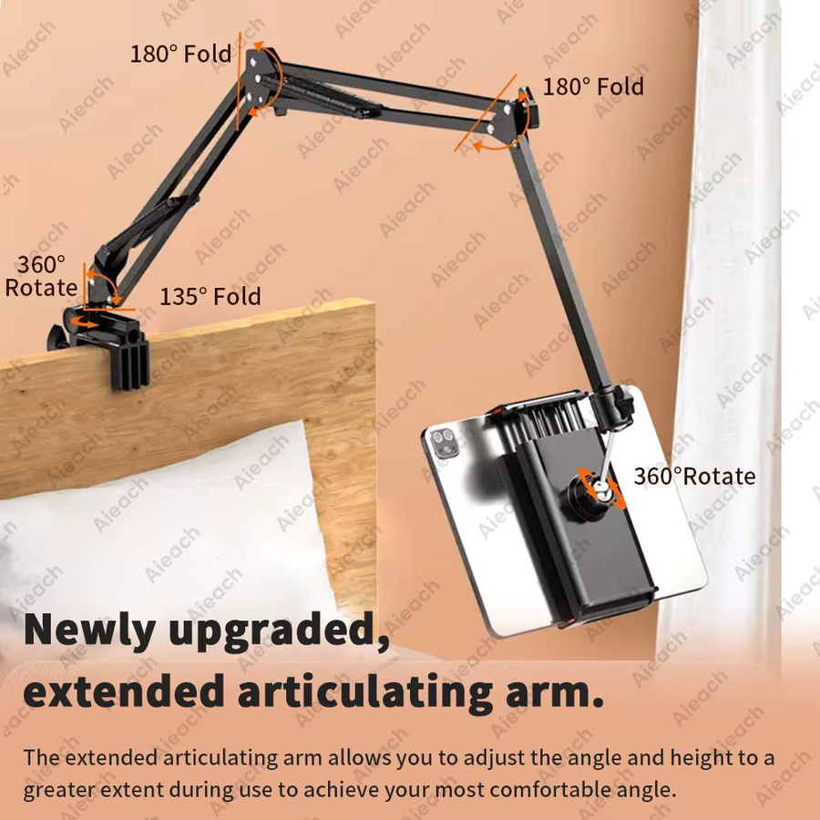 AIEACH Tablet-Halter für Bett mit 90 cm Metallarm, 360 Grad drehbarer iPad-Ständer und Telefonhalterung für 4,5 bis 12,9 Zoll, Schwarz - Bild 3