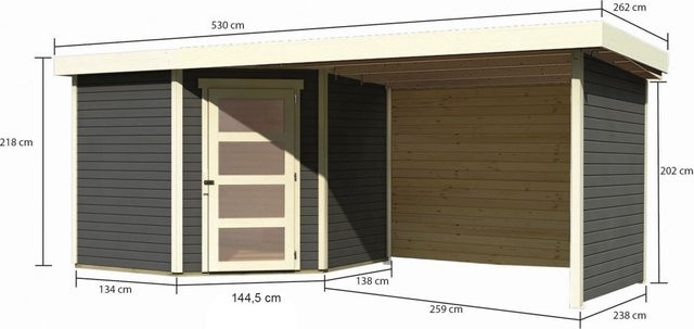 Gartenhaus Holz SCHWANDORF 5 Flachdachhaus in Terragrau mit Anbaudach, B/T: 242 x 246 cm, Wandstärke: 19 mm - Bild 1