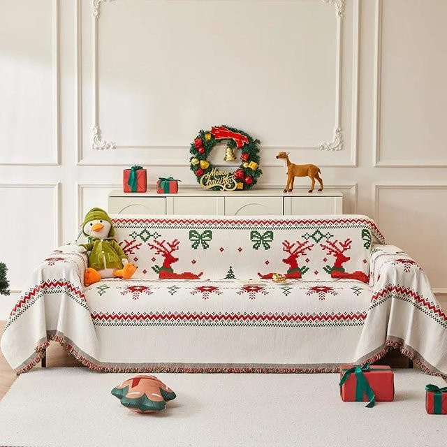 Rutschfeste Chenille-Sofaabdeckung mit Weihnachtsmann-Motiv in Weiß, B/B: 180 x 130 cm - Bild 1